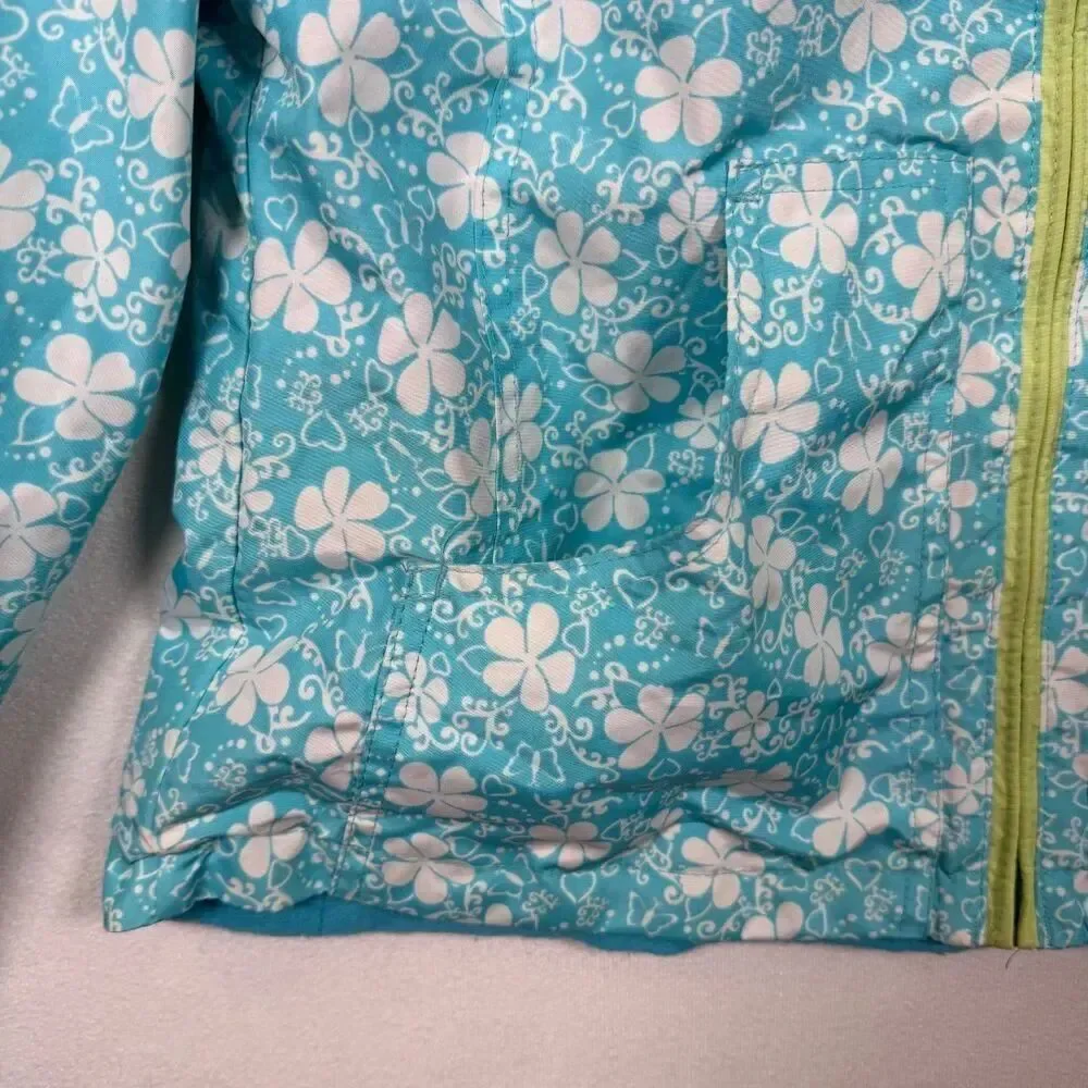 London Fog Girls Hooded Windbreaker Jacket Blue Floral Mesh Lined Size 14/16